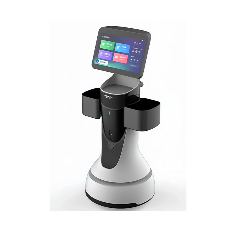 Mobile service robot with a tilted touchscreen and two side trays on a white background.