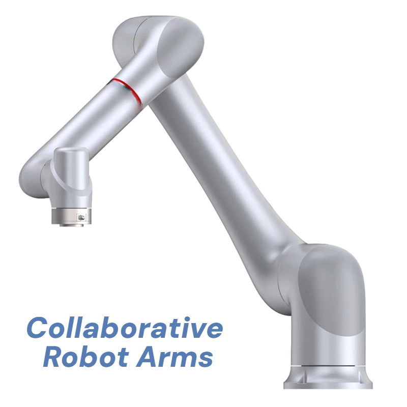 Silver articulated collaborative robot arm on a white background