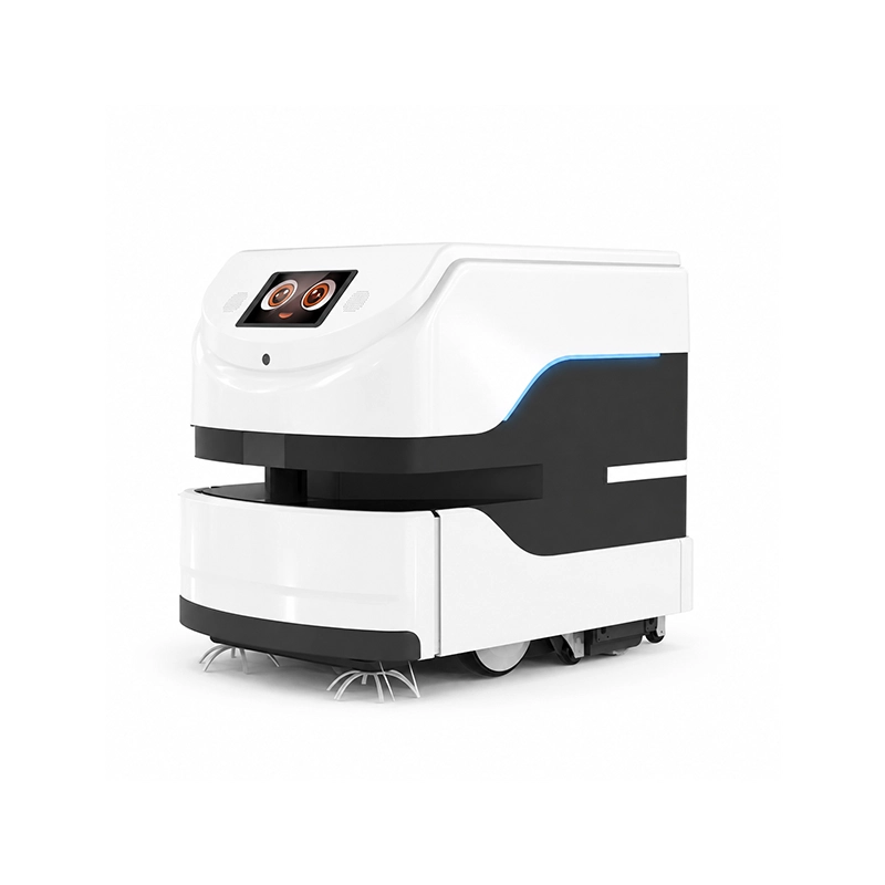 White commercial floor-cleaning robot with a dark side panel and a floor-level cleaning head.