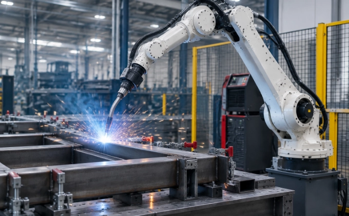 Industrial robot arm performing arc welding on a metal workpiece inside a guarded cell