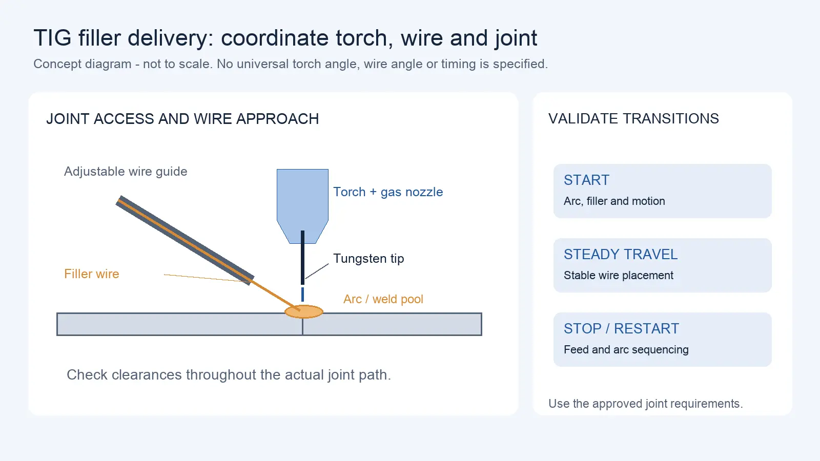 Concept diagram of a TIG torch, tungsten tip, filler-wire guide and weld pool, with start, travel and stop-restart checks